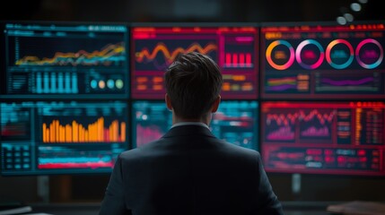 Man in suit observing multiple digital screens with financial data and graphs