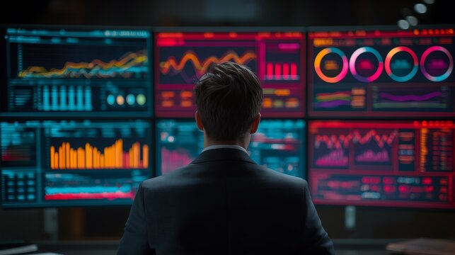 Man in suit observing multiple digital screens with financial data and graphs