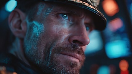 Close up of a determined man s face with blue eyes and beard under a cap