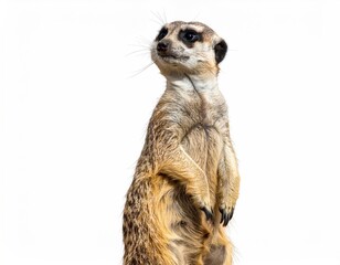 Alert meerkat standing upright against white background