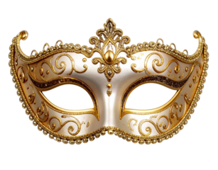  Ornate Vintage Masquerade Mask with Gold Accents, Transparent Background.