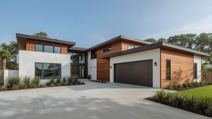Fototapeta premium Contemporary Residential Architecture with Clean Lines and Neutral Tones | Modern Home Design in Natural Daylight