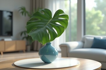 A striking monstera leaf gracefully stands in a blue ceramic vase, bringing a touch of nature indoors. The modern living room features soft lighting and cozy furnishings