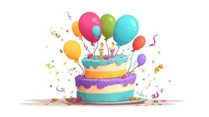 A cheerful cartoon birthday cake with colorful balloons and ribbons, joyful, graphic .