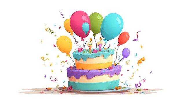 A cheerful cartoon birthday cake with colorful balloons and ribbons, joyful, graphic .
