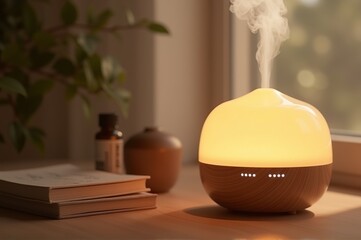 Soft mist rises from a stylish diffuser on a wooden desk, creating a tranquil atmosphere in a bright workspace. Sunlight streams in, enhancing relaxation vibes
