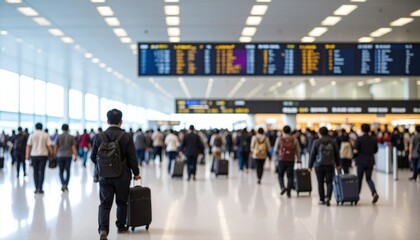 Defocused image of airport, with lots of travelers inside, all defocused.