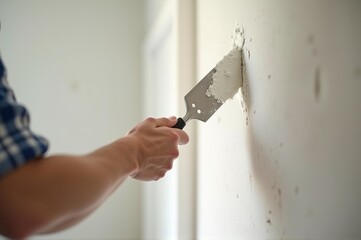 A person is diligently repairing wall damage using a putty knife, focused on creating a smooth finish in a well-lit interior space. Sunlight streams in, enhancing the atmosphere of improvement