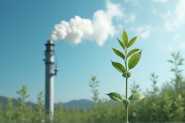 A young plant thrives in the foreground while plumes of smoke billow from a tall industrial chimney in the background