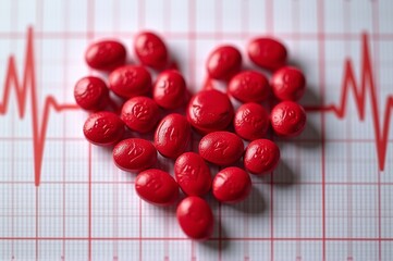 Bright red candies shaped like hearts are carefully arranged to form a love symbol on a heartbeat graph, conveying themes of affection, health, and emotional connection in a playful manner