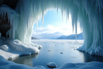 Glacial formations frame a tranquil body of water, reflecting ethereal blues under a bright sky. Soft snow blankets the surrounding landscape, enhancing the serene beauty of winter's embrace