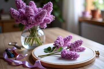 A beautiful vase filled with fresh lilacs sits on a wooden table, enhancing the warm and inviting ambiance of a sunlit craft space. Nearby, ribbons and tools hint at creative projects