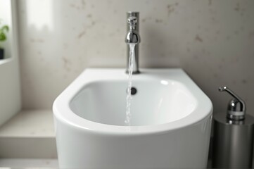 A sleek bathroom fixture displays water cascading elegantly, creating a serene atmosphere. The minimalist design complements contemporary decor, evoking a sense of freshness and relaxation