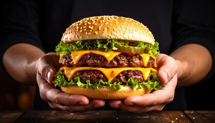 A large, double cheeseburger held aloft