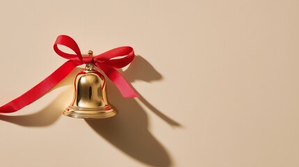 Golden school bell with a red ribbon bow on neutral beige background. Minimalist composition, clean shadows, symbolizing school events, traditions, or festive moments like graduation or first bell.