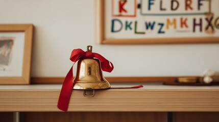 Retro school bell with red bow resting on a wooden desk in classroom setting. Warm colors and educational decor create a nostalgic back-to-school or end-of-school-year atmosphere.