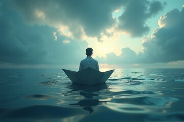 A solitary figure in a paper boat floats gracefully on calm waters, surrounded by expansive skies filled with dramatic clouds as the sun peeks through, creating a serene atmosphere