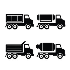 Four black silhouette icons of different trucks including a dump truck tanker and cement mixer
