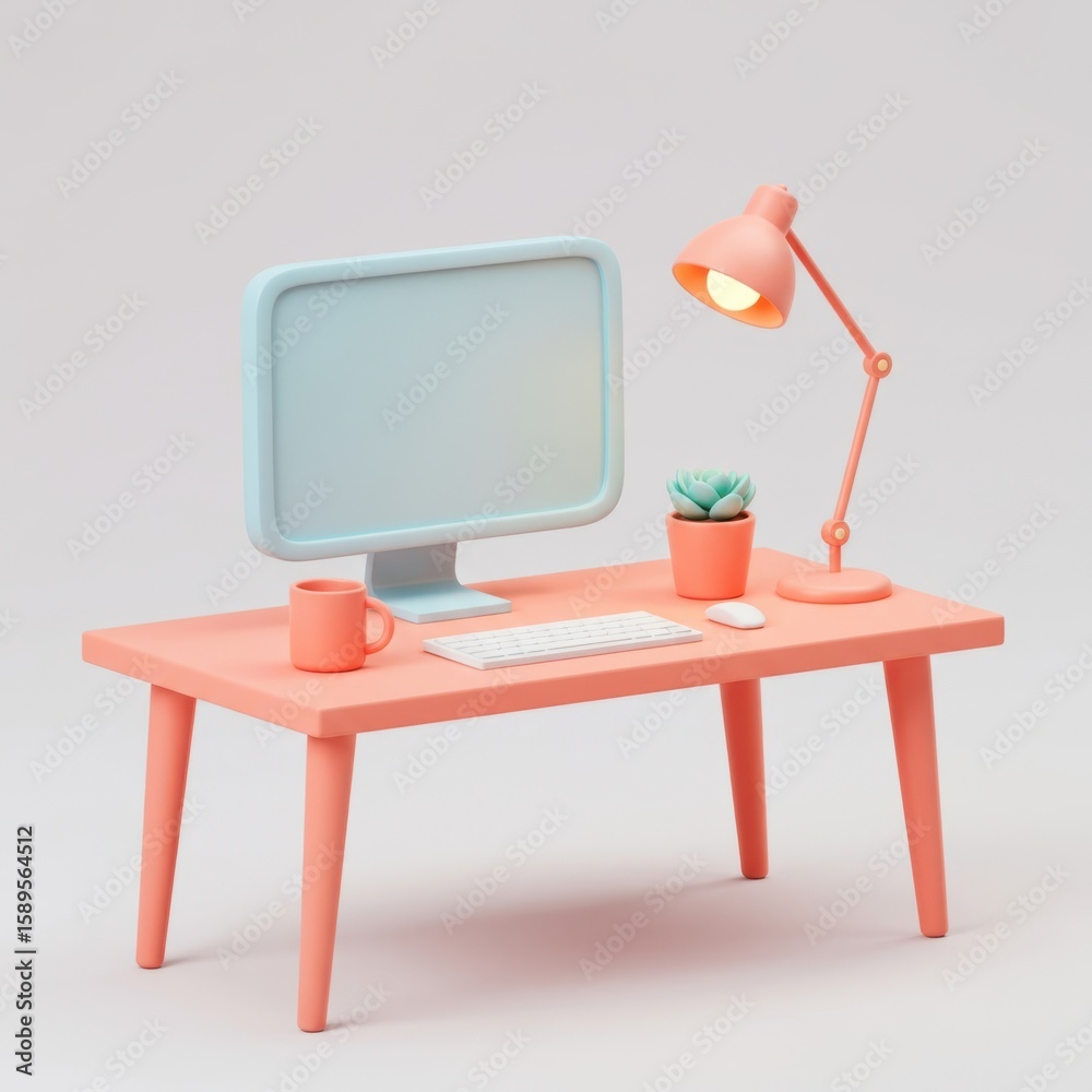 Fototapete 3d modern desk setup with computer lamp and succulent isolated on white background