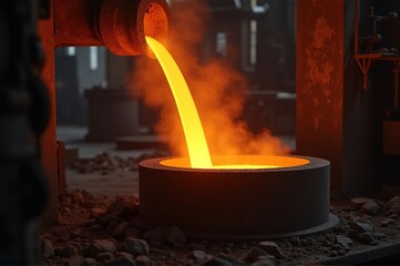 Bright orange molten metal streams into a round mold, illuminating the dimly lit foundry. Smoke and heat create a dramatic atmosphere as workers skillfully manage the process of shaping metal
