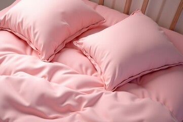 A cozy bed dressed in soft pink bedding creates a peaceful atmosphere, while fluffy pillows offer comfort, perfect for a restful night or lazy afternoon
