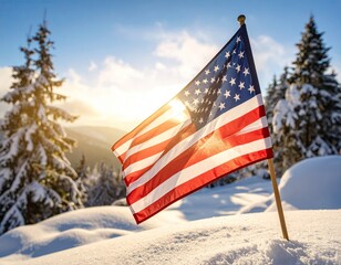 American flag waving in snowy mountains