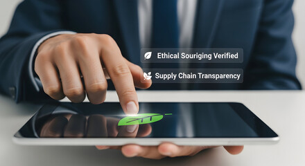 A hand interacts with a digital tablet, symbolizing verified ethical sourcing and supply chain transparency.