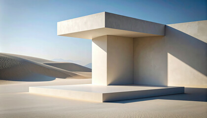Fototapeta premium Minimalist concrete pavilion in desert landscape with smooth sand dunes under clear blue sky