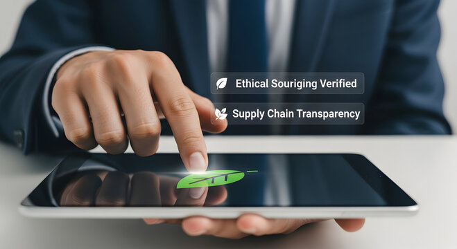 A hand interacts with a digital tablet, symbolizing verified ethical sourcing and supply chain transparency.