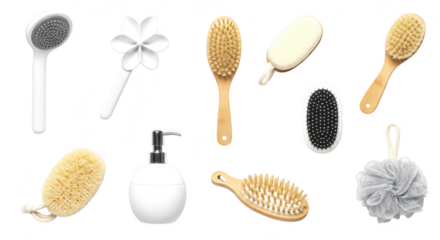 Photo of collection of bath and body care products including brushes, sponges, and soap isolated on transparent background