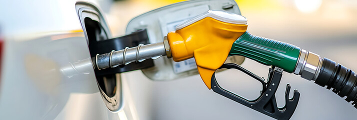 Fueling Vehicle: Gas nozzle injecting fuel into car's tank, depicting energy consumption and vehicle maintenance. The vibrant colors add visual appeal.