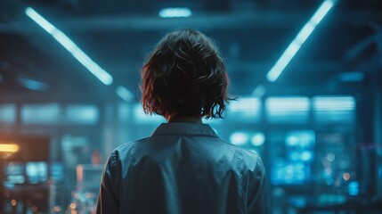 Scientist in a futuristic laboratory with blue neon lights