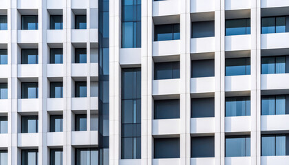 Obraz premium Modern architectural facade with repeated vertical patterns and blue glass windows creating abstract symmetry in daylight