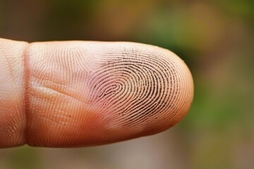 Fingerprint on fingertip covered in black ink, highlighting unique pattern for identification and security purposes