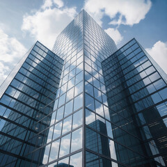 Modern glass office skyscraper with blue sky and

clouds reflected in windows, low angle view, clean urban architecture, minimalism, photorealistic, high quality, symmetrical lines, no distortion, no 