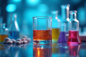 In a busy lab, a glass beaker with bright orange liquid rests on a shiny surface, surrounded by colorful flasks and bubbling experiments, evoking scientific wonder