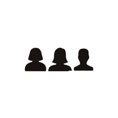 A clean and minimalist graphic of three simple, black silhouette icons of people.
