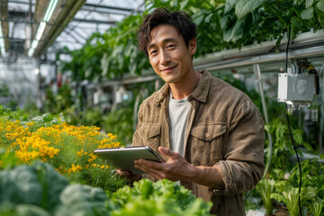 Young man engaged in digital gardening within a vibrant greenhouse setting