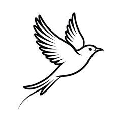 Stylized black bird in flight with outstretched wings and tail flying