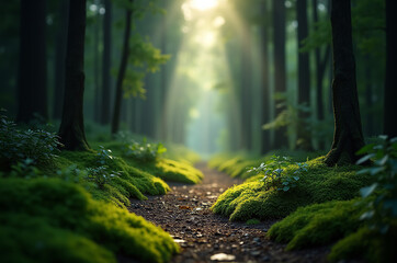 A serene pathway winds through a dense forest, surrounded by vibrant green moss and tall trees. Soft sunlight breaks through the canopy, creating a magical atmosphere at dawn