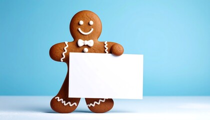 Gingerbread man holding blank sign against blue background