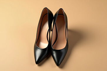 Sleek black high heels with pointed toes stand poised on a soft beige backdrop. These shoes radiate elegance, enhancing any fashionable ensemble with their stunning design