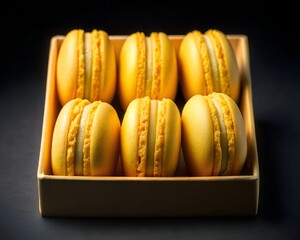 A box showcases six bright yellow macarons, perfectly crafted with smooth shells and creamy fillings, inviting indulgence at any special occasion or gathering