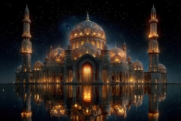 Fototapeta premium Golden mosque illuminated under a starry night sky, reflecting in the water creates a beautiful scene of religious architecture.
