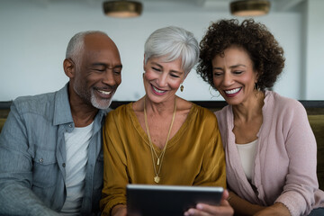 Happy diverse mature friends enjoying time together and smiling while looking at a digital tablet