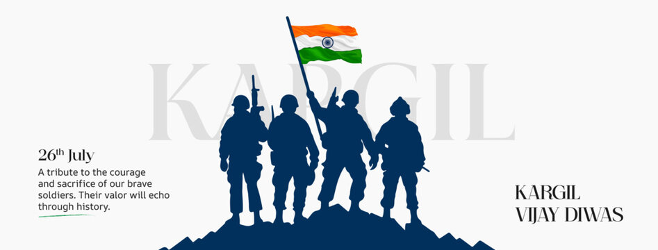 Powerful tribute artwork for Kargil Vijay Diwas featuring brave soldiers, Indian flag, and patriotic symbolism. Ideal for social media posts honoring India's military valor on 26th July