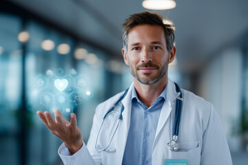 Portrait of confident male doctor holding futuristic healthcare digital interface with medical icons in hospital corridor