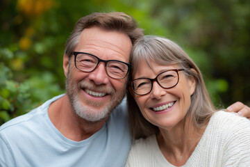 Fototapeta premium Happy mature couple smiling warmly together outdoors enjoying a peaceful moment in nature