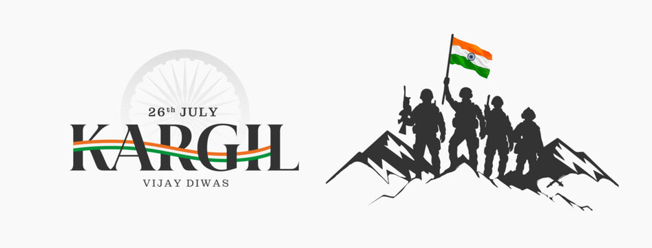 Powerful tribute artwork for Kargil Vijay Diwas featuring brave soldiers, Indian flag, and patriotic symbolism. Ideal for social media posts honoring India's military valor on 26th July