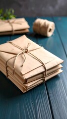 Bundled kraft envelopes on a teal wooden table